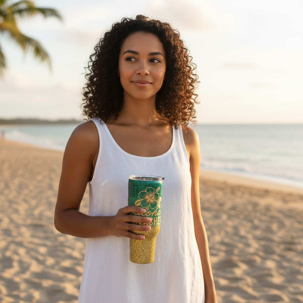 Aloha Beaches 40 oz Tumbler, Handmade Beach Glitter Tumbler, Unique Summer Cup, Hello Summer Mug, Beachy Drinkware, Glitter Tumbler